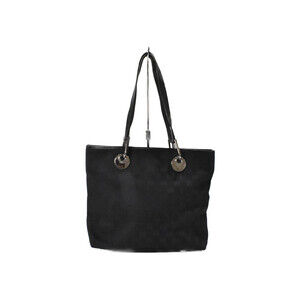 GUCCI Tote Bag Shoulder Black Canvas Leather Signature Classic